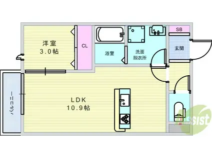 AGR 石橋(1LDK/3階)の間取り写真