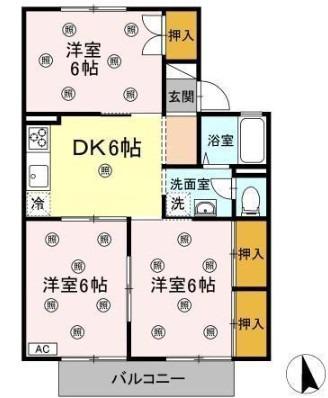 プラティア板谷B棟(3DK/1階)の間取り写真