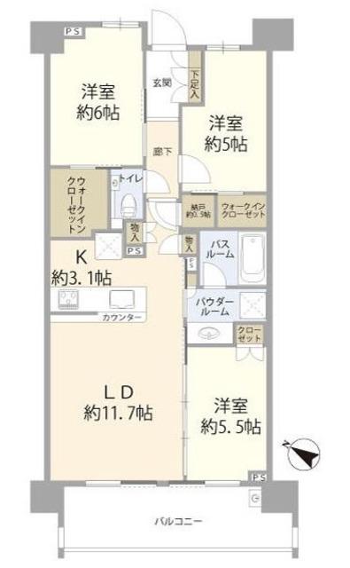 シティハウス中野テラス(3LDK/3階)の間取り写真