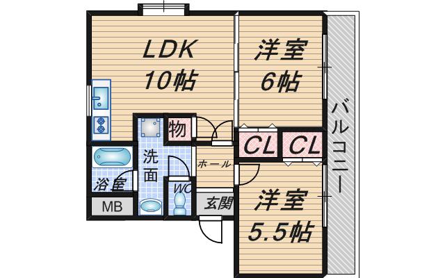 サウスグランデ曽根(2LDK/3階)の間取り写真