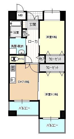 アンビエンテ宇部(2DK/13階)の間取り写真