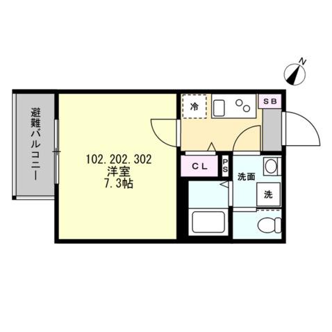 ベイルーム十日市場(1K/3階)の間取り写真