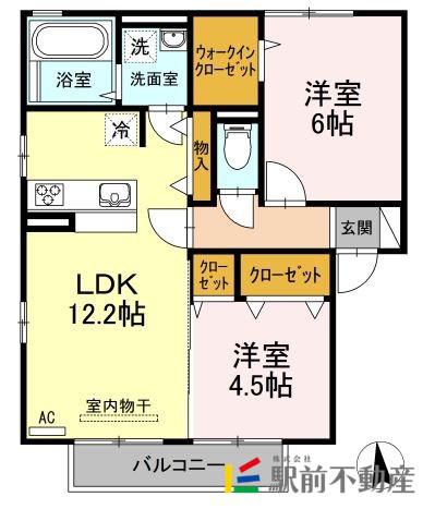 モンテ・リーヴル B棟(2LDK/2階)の間取り写真