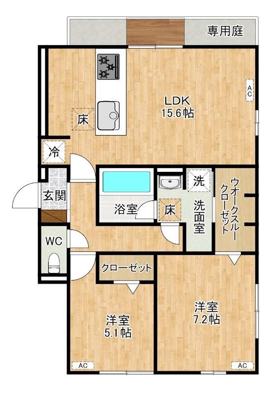 JR日豊本線 城野駅(JR) 徒歩15分 3階建 新築(2LDK/1階)の間取り写真
