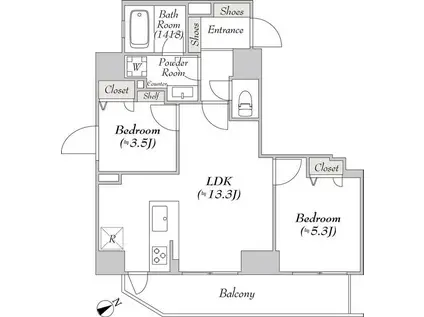 RETERRACE ASAKUSABASHI イースト(2LDK/14階)の間取り写真