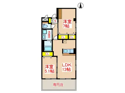 グレイスヴィラ広瀬 B棟(2LDK/1階)の間取り写真