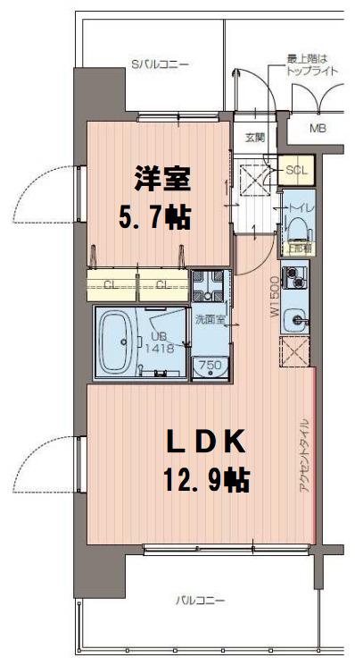 DIMUS福島(1LDK/9階)の間取り写真