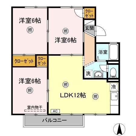 グレースタウン原C棟(3LDK/2階)の間取り写真