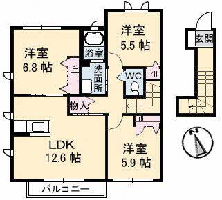セントラル ヴィラッジュ B棟(3LDK/2階)の間取り写真