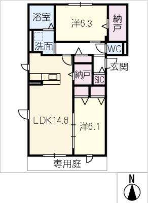 QUATRE SAISONS相生C棟(2LDK/1階)の間取り写真