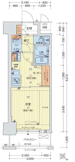 セオリー神戸アクアグルーブ(1K/3階)の間取り写真