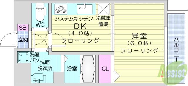 ディオコート長町(1DK/6階)の間取り写真