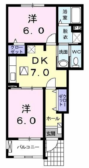 ペアセロベD(2DK/1階)の間取り写真