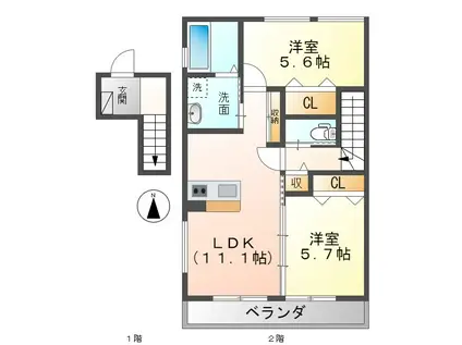 リノアステージ栄町B棟(2LDK/2階)の間取り写真