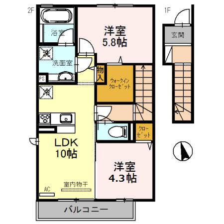 シャトン B棟(2LDK/2階)の間取り写真