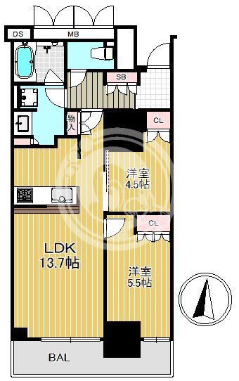 プレミストタワー靭本町(2LDK/10階)の間取り写真