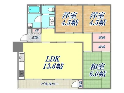逆瀬川ハイツ3号棟(3LDK/3階)の間取り写真