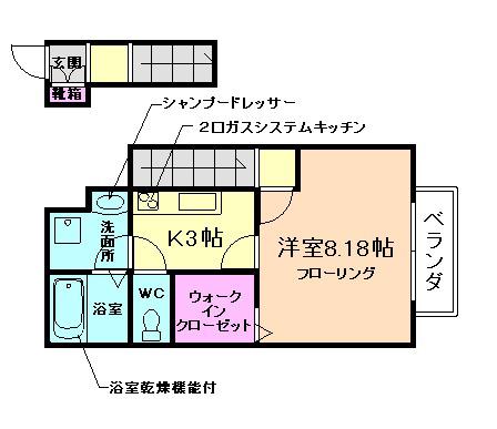アスピリアパストラル(1K/2階)の間取り写真