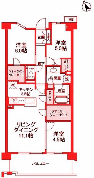 プラウド川崎矢向(3LDK/4階)の間取り写真