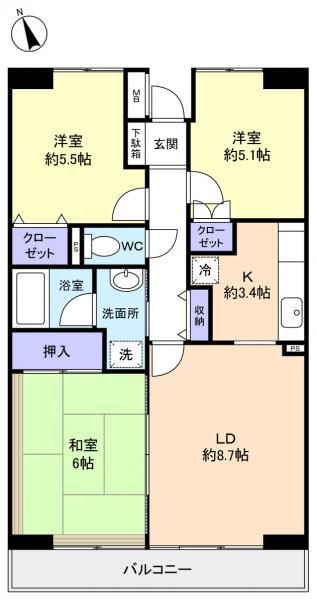 サングレース八千代(3LDK/3階)の間取り写真
