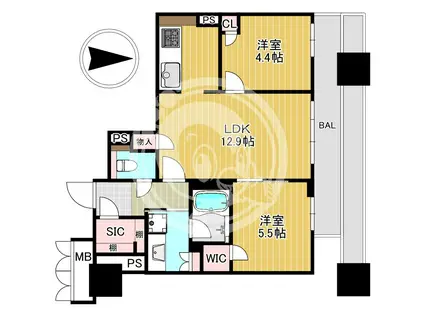 ブランズタワー谷町四丁目(2LDK/12階)の間取り写真