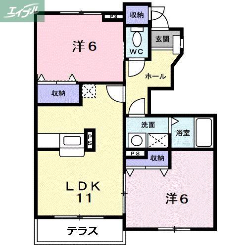 アドナイール B棟(2LDK/1階)の間取り写真