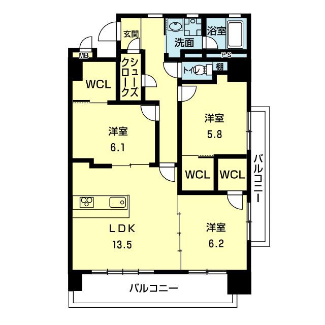 ウッドフォレスト熊本駅前(3LDK/8階)の間取り写真