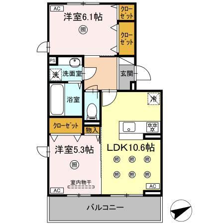 D-ROOM NISHIBARU B棟(2LDK/3階)の間取り写真