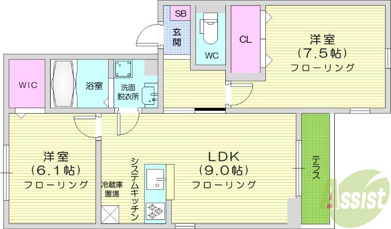ルリアン小田原(2LDK/1階)の間取り写真