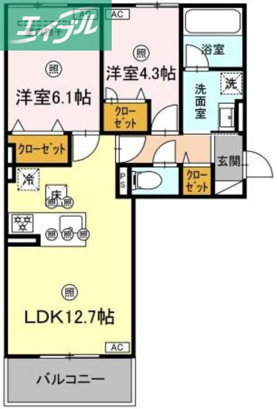シャンポールさい D棟(2LDK/2階)の間取り写真