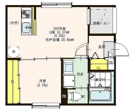 ハーモニーテラス汐田町(1LDK/3階)の間取り写真
