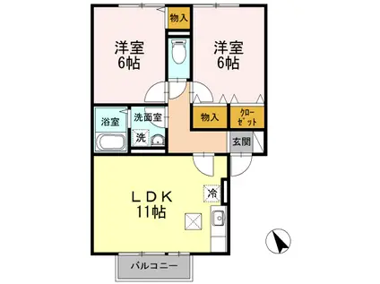 ソレーユガーデンB棟(2LDK/1階)の間取り写真