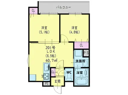 ラモーナ高見の里(2LDK/2階)の間取り写真
