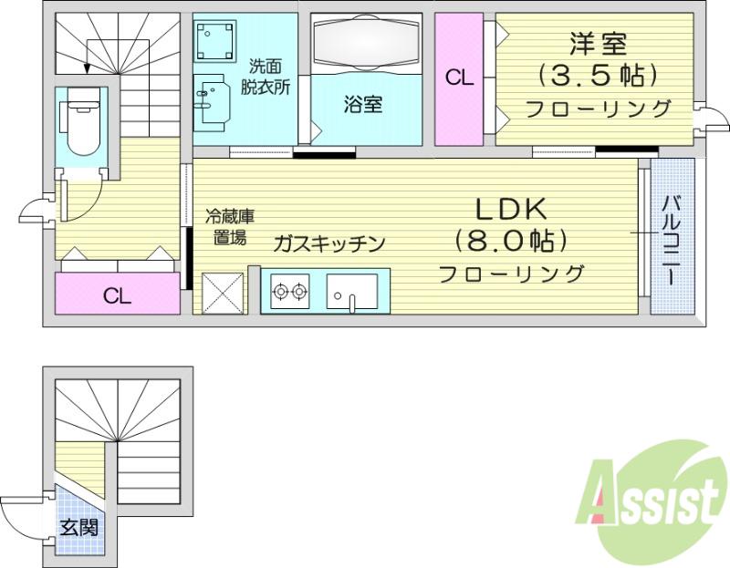 グランビュー緑ヶ丘(1LDK/2階)の間取り写真