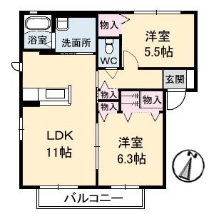 ツインズK.K II(2LDK/1階)の間取り写真