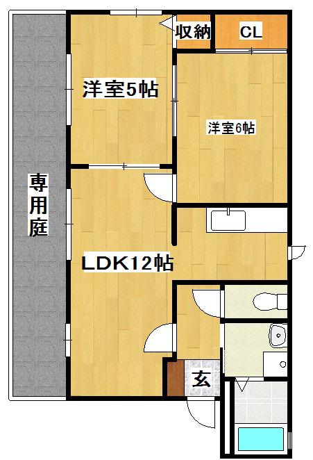 グリンヴェルB棟(2LDK/1階)の間取り写真