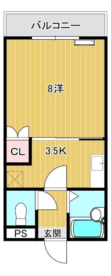 ウェルス下関(1K/2階)の間取り写真
