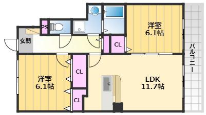 ネオ・ビヤン1(2LDK/1階)の間取り写真
