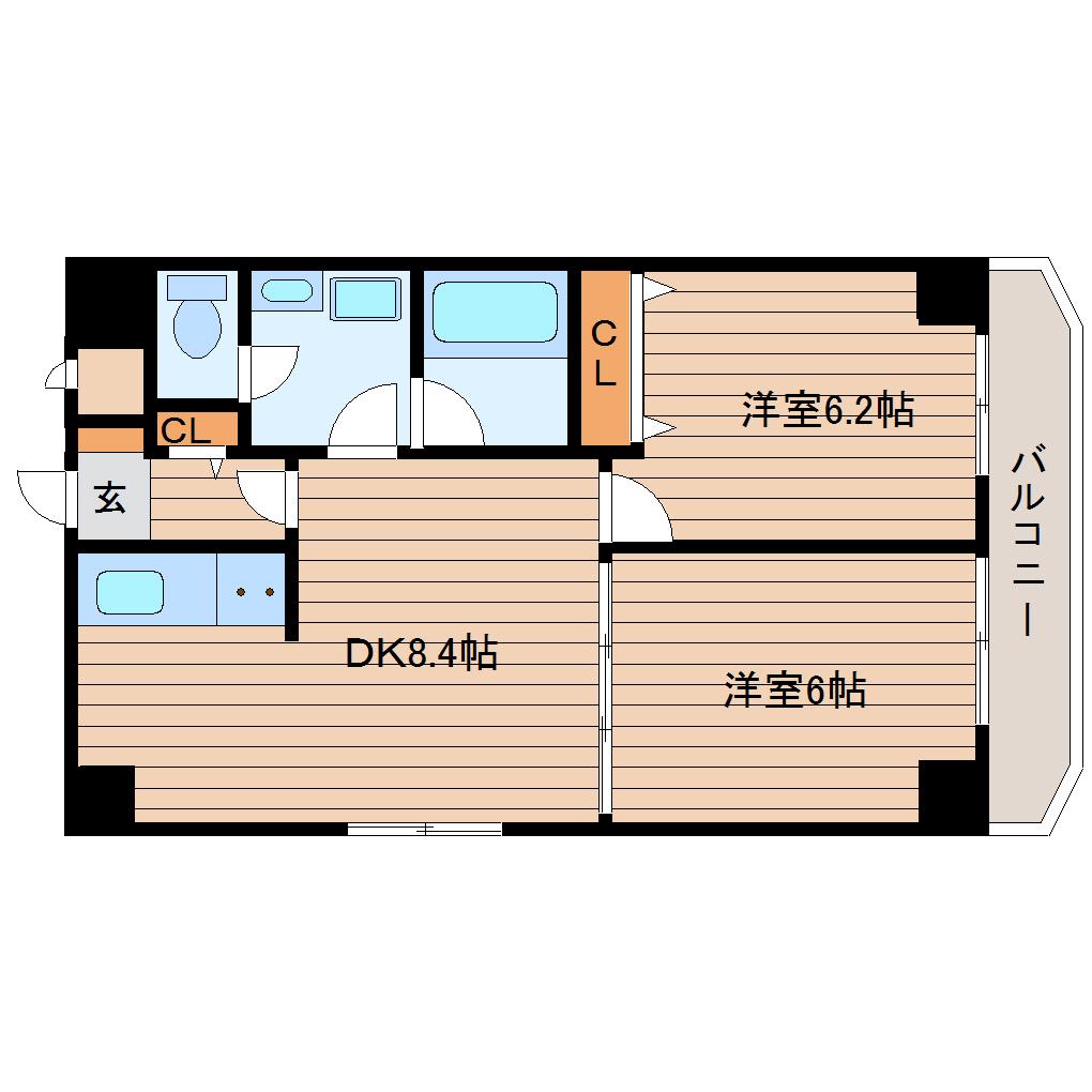 K-1二日町(2DK/6階)の間取り写真