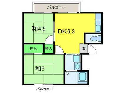 ハイツリベール B棟(2DK/2階)の間取り写真
