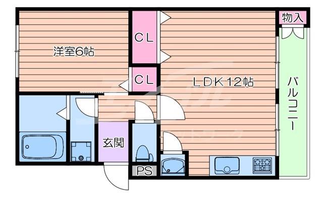 ハコス摂(1LDK/2階)の間取り写真