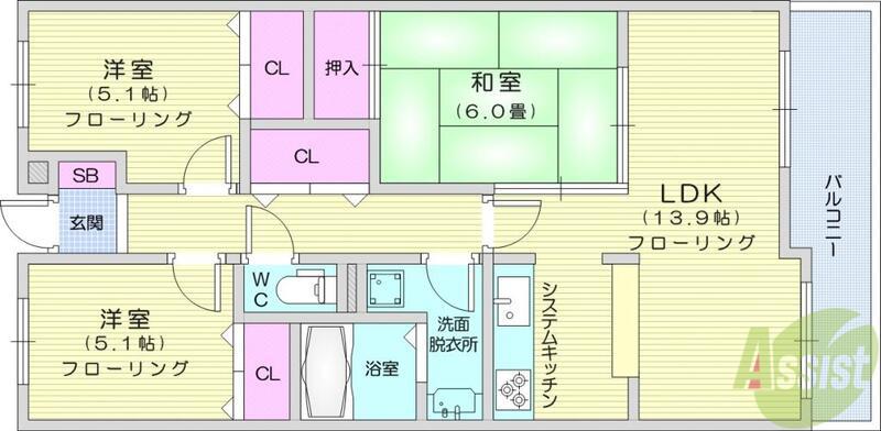 ロイヤルパレス長町南Ⅲ(3LDK/1階)の間取り写真