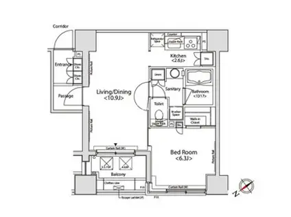 カスタリア目黒かむろ坂 9階(1LDK/9階)の間取り写真