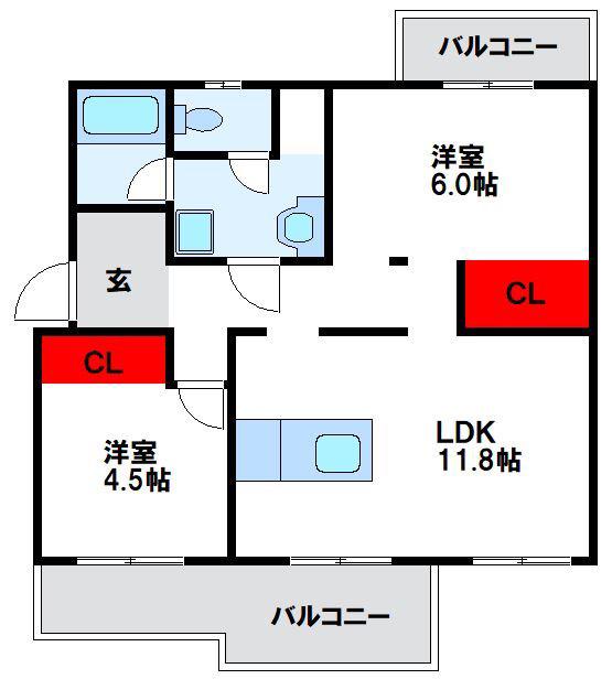 東福間団地11000棟(2LDK/4階)の間取り写真