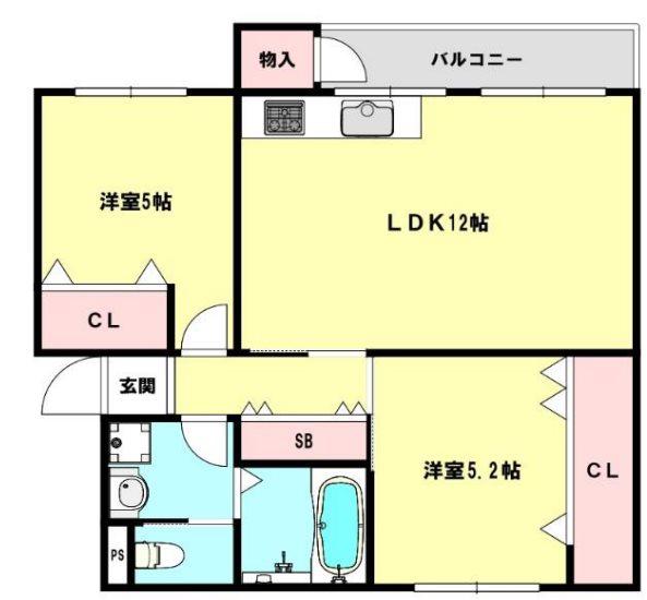 鶴甲コーポ26号館(2LDK/2階)の間取り写真