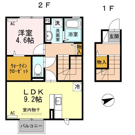 ヴィルセイン後田 A棟(1LDK/2階)の間取り写真