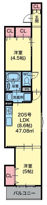 クリエオーレ林寺(2LDK/2階)の間取り写真