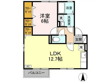 オークスドュール・ウルゲ B棟(1LDK/2階)の間取り写真