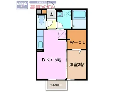 グランモアゆめが丘C(1DK/2階)の間取り写真