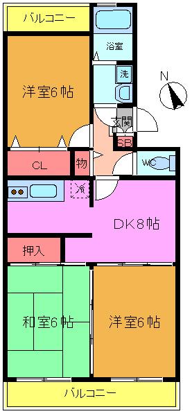 市川グリーンタウンミズホ(3DK/1階)の間取り写真